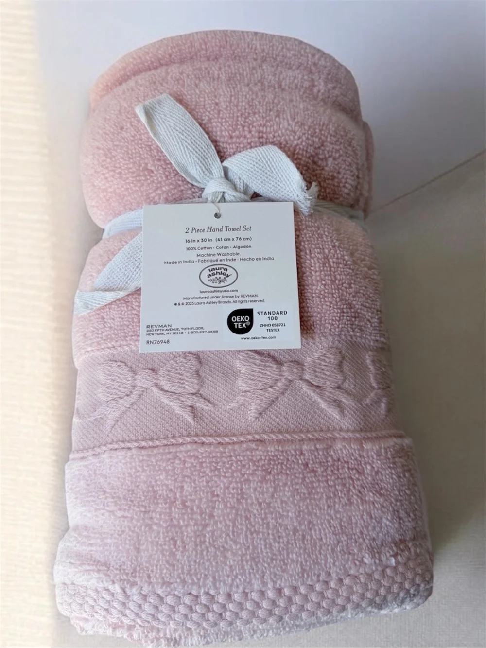 Laura Ashley Pale Pink Bow Embossed Hand Towels set of 2
